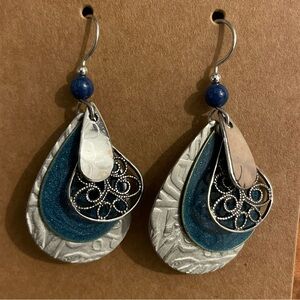 Silver Forest blue and silver layered teardrop dangle earrings